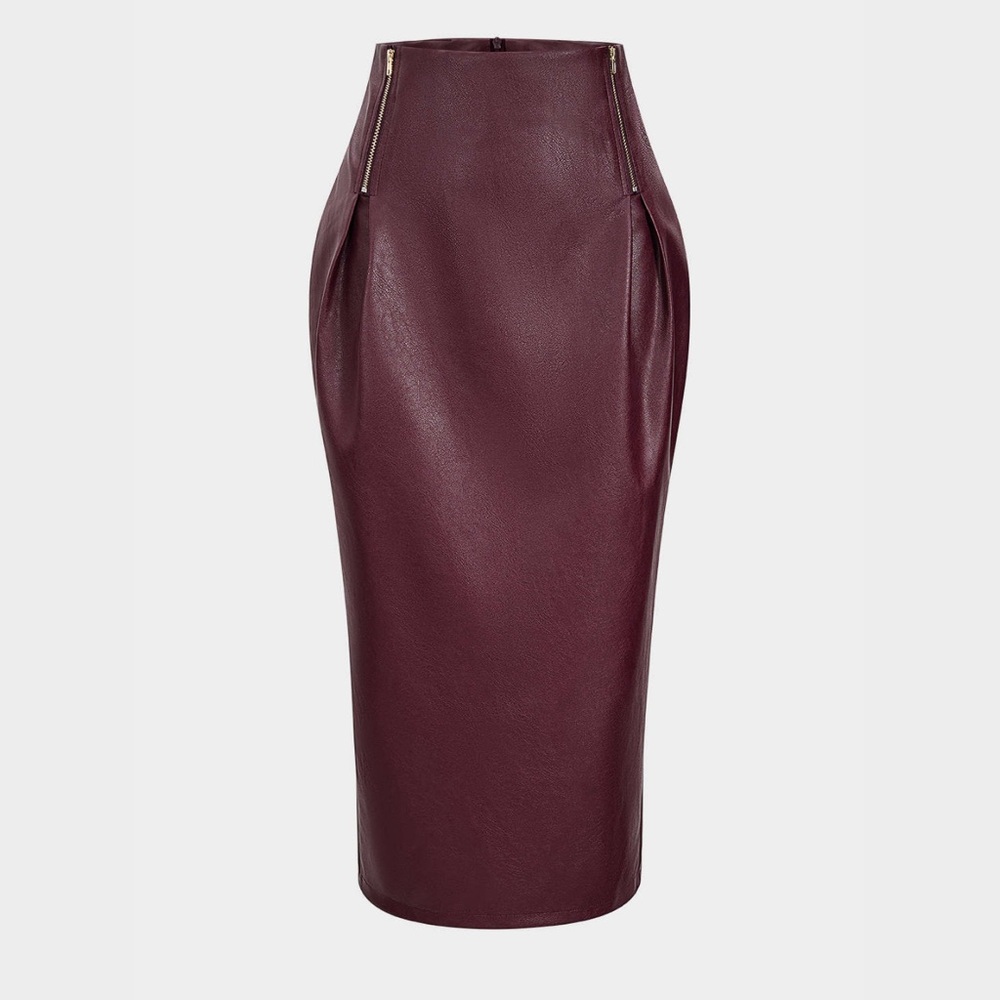 Micas Faux Leather Zipper High Waist Burgundy Skirt size small ✨